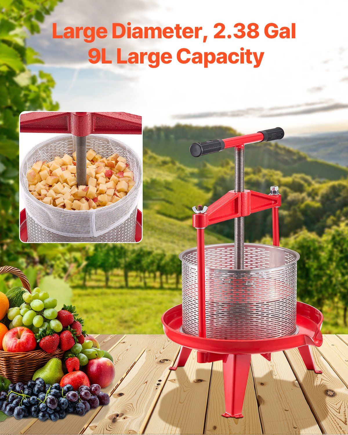 2.38 Gal/9L Fruit Wine Press, Stainless Steel Basket with Cross-beam and Triangular Structure, Manual Juice V952-GJYZJLSBXG9LCJBFPV0