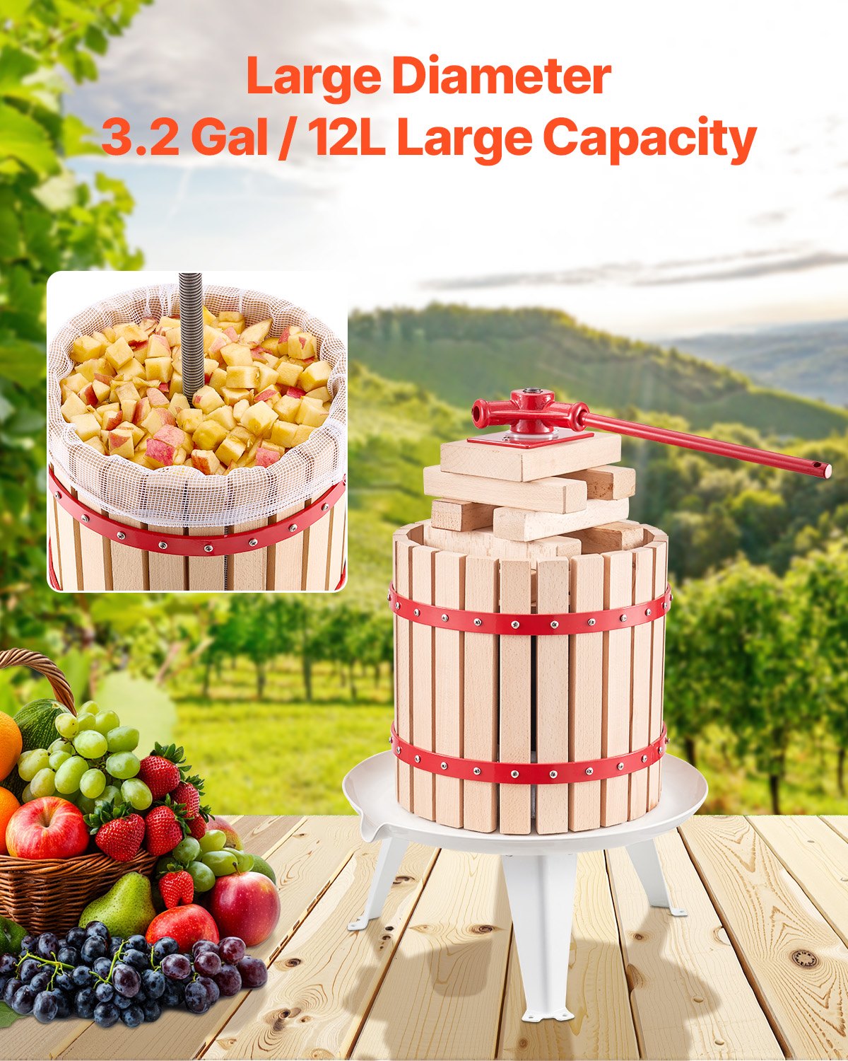 Fruit Wine Press Manual Press for Wine Making 3.2 Gal/12L Wood Basket V952-GJYZJLSSM12LGR2A1V0