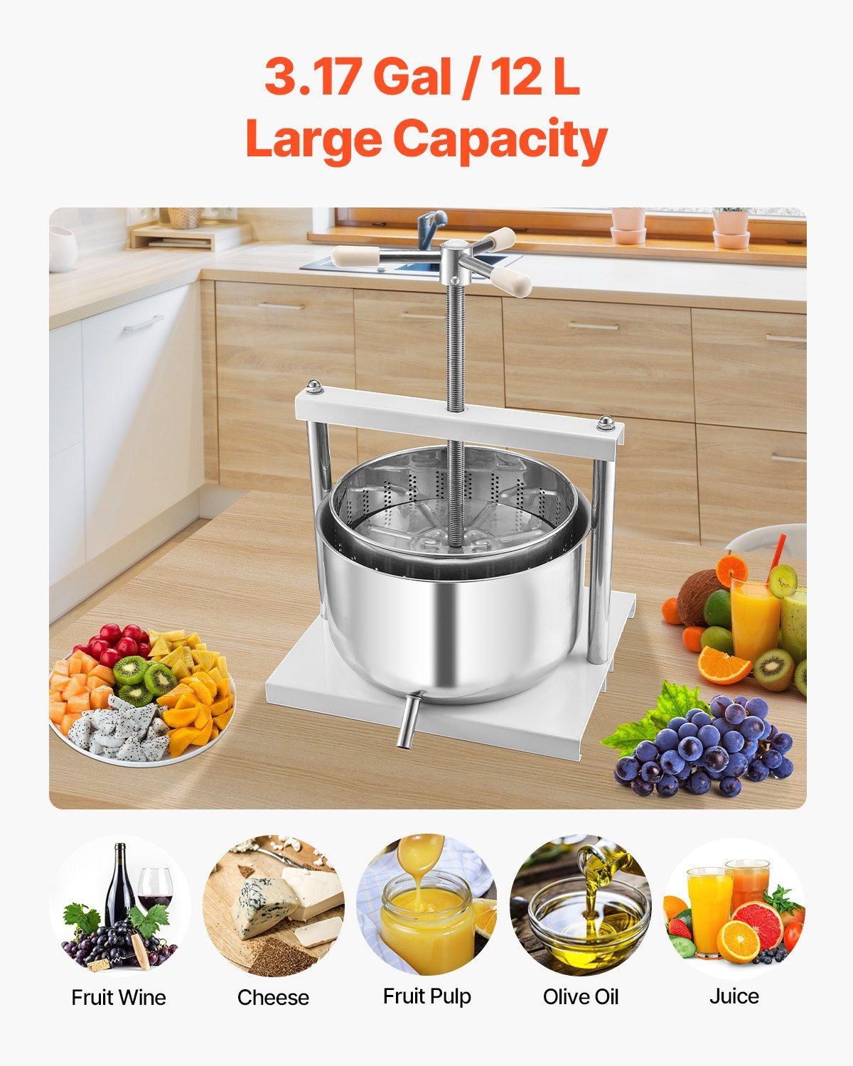 3.17 Gal/12L Fruit Wine Press, 2 Stainless Steel Barrels, Manual Juice Maker, Cider Apple Grape Tincture V952-GJYZJTMBXG126ECPKV0