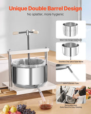 3.17 Gal/12L Fruit Wine Press, 2 Stainless Steel Barrels, Manual Juice Maker, Cider Apple Grape Tincture V952-GJYZJTMBXG126ECPKV0