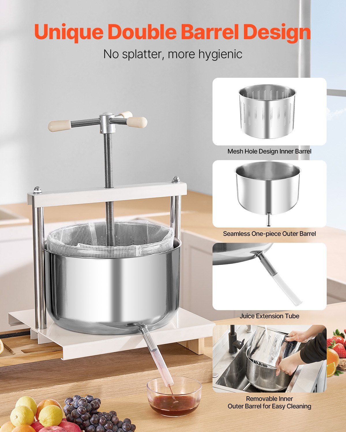 3.17 Gal/12L Fruit Wine Press, 2 Stainless Steel Barrels, Manual Juice Maker, Cider Apple Grape Tincture V952-GJYZJTMBXG126ECPKV0
