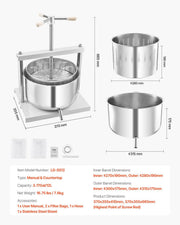 3.17 Gal/12L Fruit Wine Press, 2 Stainless Steel Barrels, Manual Juice Maker, Cider Apple Grape Tincture V952-GJYZJTMBXG126ECPKV0