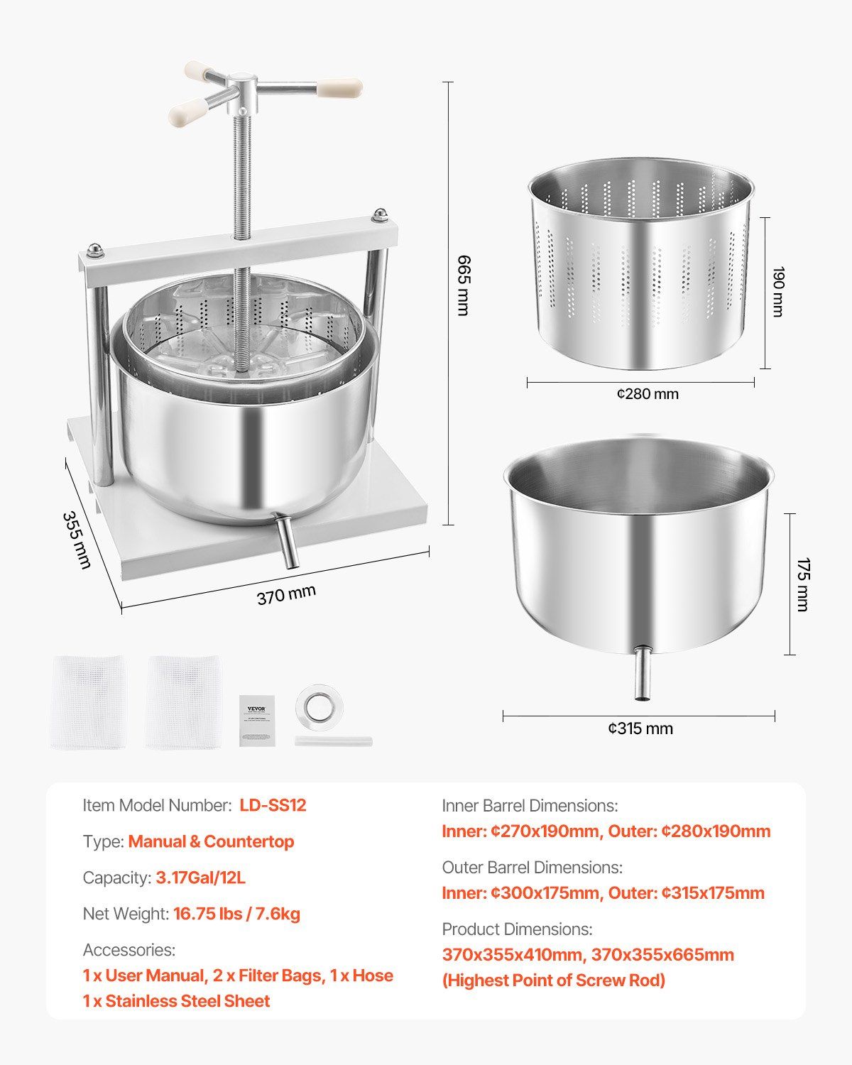 3.17 Gal/12L Fruit Wine Press, 2 Stainless Steel Barrels, Manual Juice Maker, Cider Apple Grape Tincture V952-GJYZJTMBXG126ECPKV0