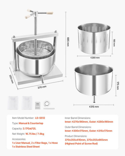 3.17 Gal/12L Fruit Wine Press, 2 Stainless Steel Barrels, Manual Juice Maker, Cider Apple Grape Tincture V952-GJYZJTMBXG126ECPKV0