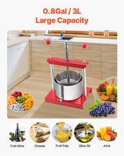 0.8 Gal/3L Fruit Wine Press, 2 Stainless Steel Barrels, Manual Juice Maker, Cider Apple Grape Tincture Honey V952-GJYZJTMBXG3L4YRM6V0