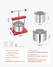 0.8 Gal/3L Fruit Wine Press, 2 Stainless Steel Barrels, Manual Juice Maker, Cider Apple Grape Tincture Honey V952-GJYZJTMBXG3L4YRM6V0