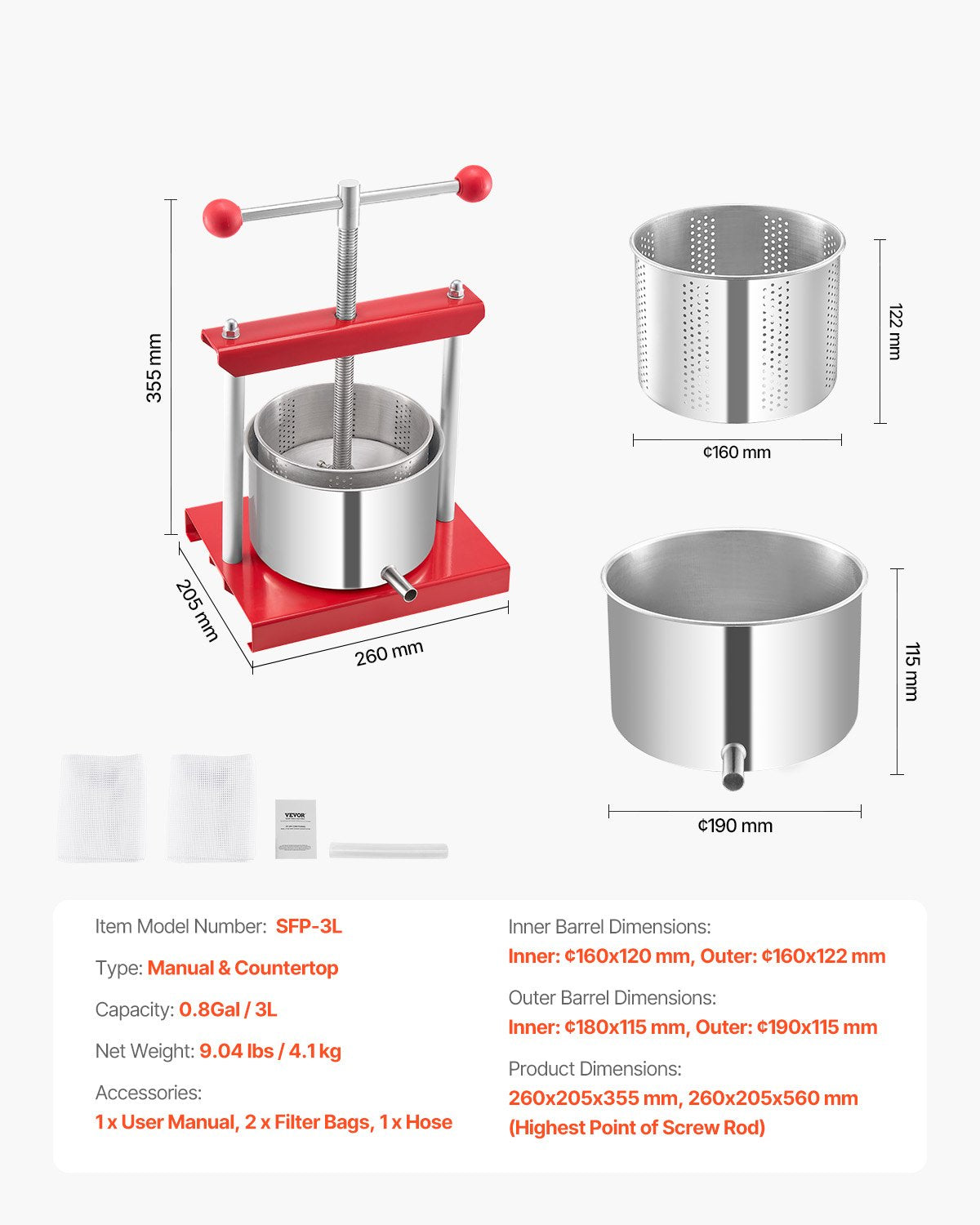 0.8 Gal/3L Fruit Wine Press, 2 Stainless Steel Barrels, Manual Juice Maker, Cider Apple Grape Tincture Honey V952-GJYZJTMBXG3L4YRM6V0