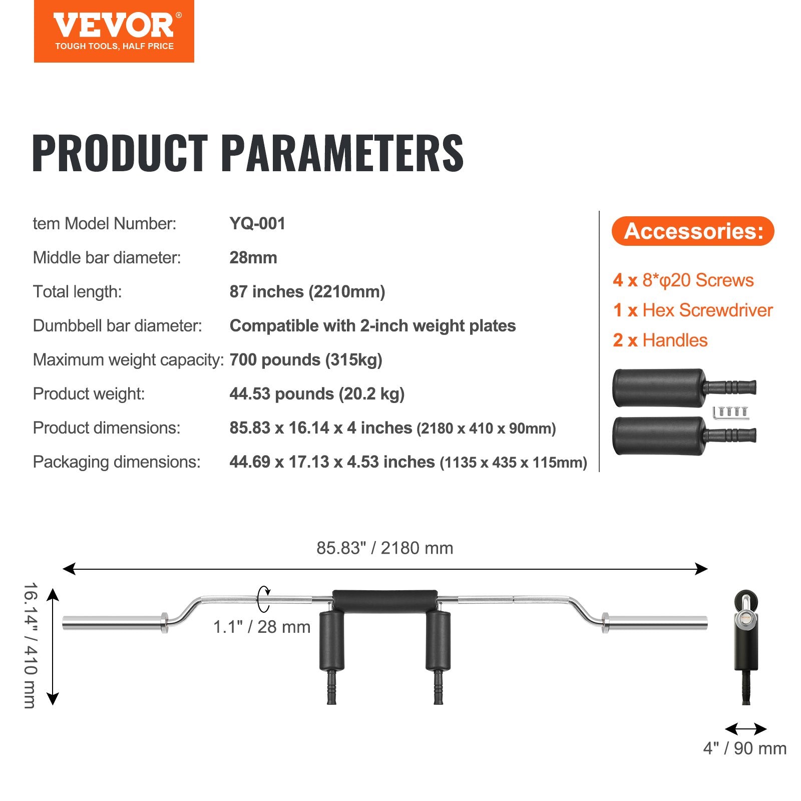 Safety Squat Bar, 318kg Fitness Squat Bar, Safety Squat Bar Attachment with Shoulder and Arm Pads, 28mm V952-GLG2YCDBS150OUNZ2V0