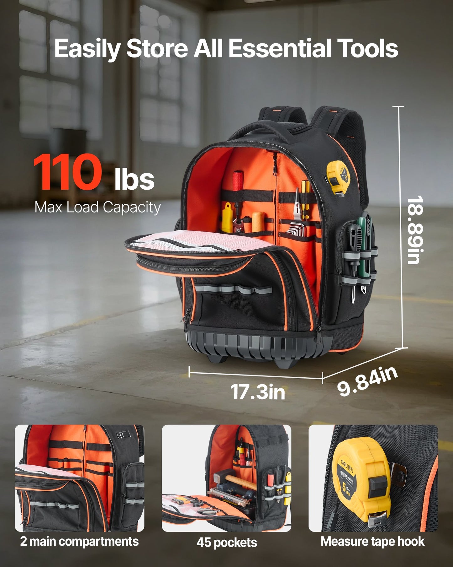 Rolling Tool Backpack, 110 lbs Load Capacity, 45 Pockets Heavy Duty Roller Tool Bag on Wheels, Adjustable V952-GLGJBB14YC168FJ9Q001V0