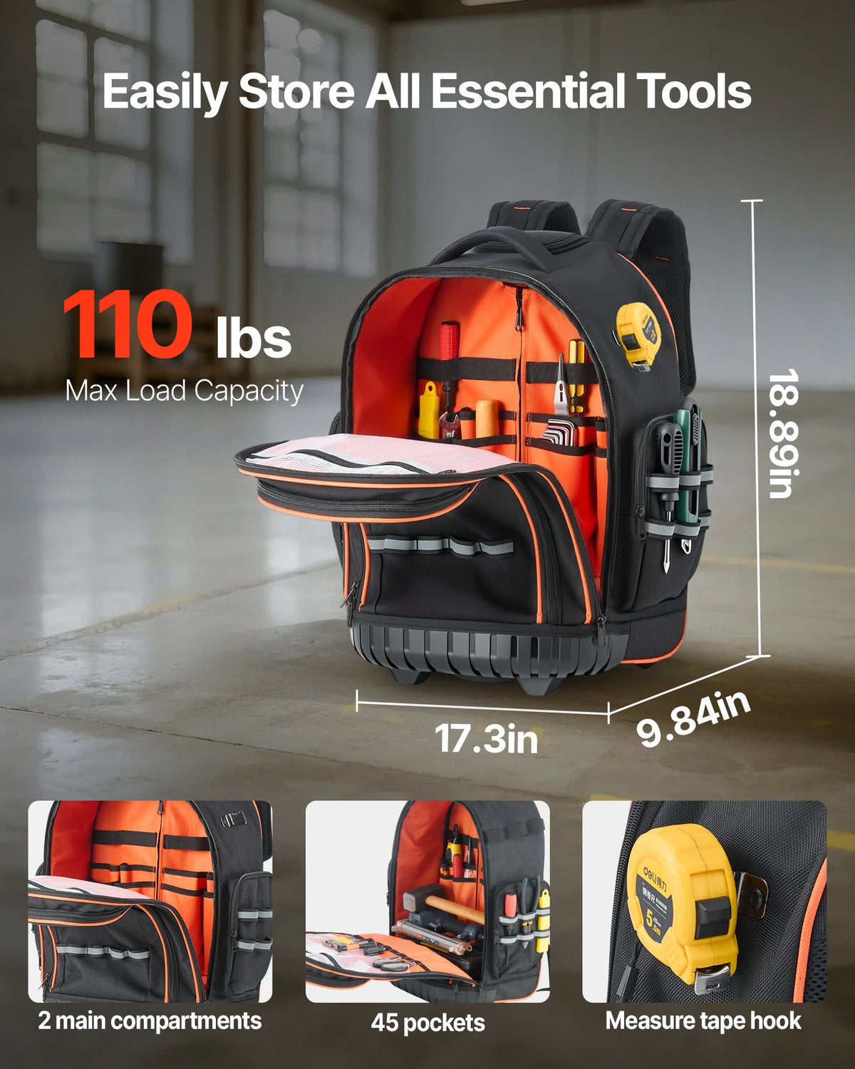 Rolling Tool Backpack, 110 lbs Load Capacity, 45 Pockets Heavy Duty Roller Tool Bag on Wheels, Adjustable V952-GLGJBB14YC168FJ9Q001V0