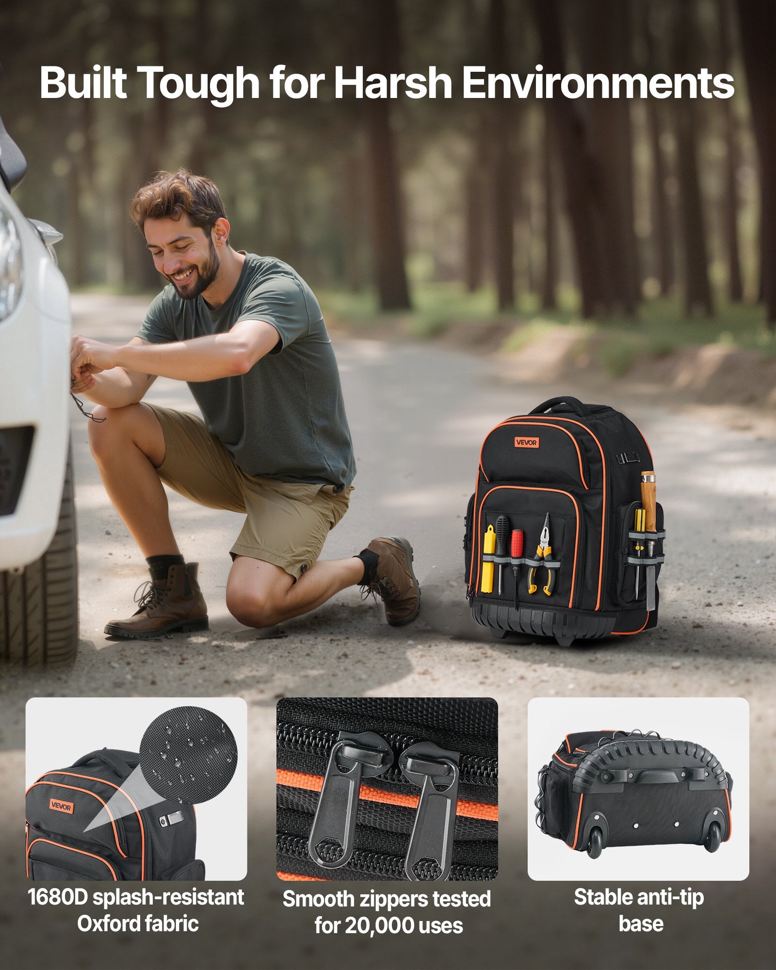 Rolling Tool Backpack, 110 lbs Load Capacity, 45 Pockets Heavy Duty Roller Tool Bag on Wheels, Adjustable V952-GLGJBB14YC168FJ9Q001V0