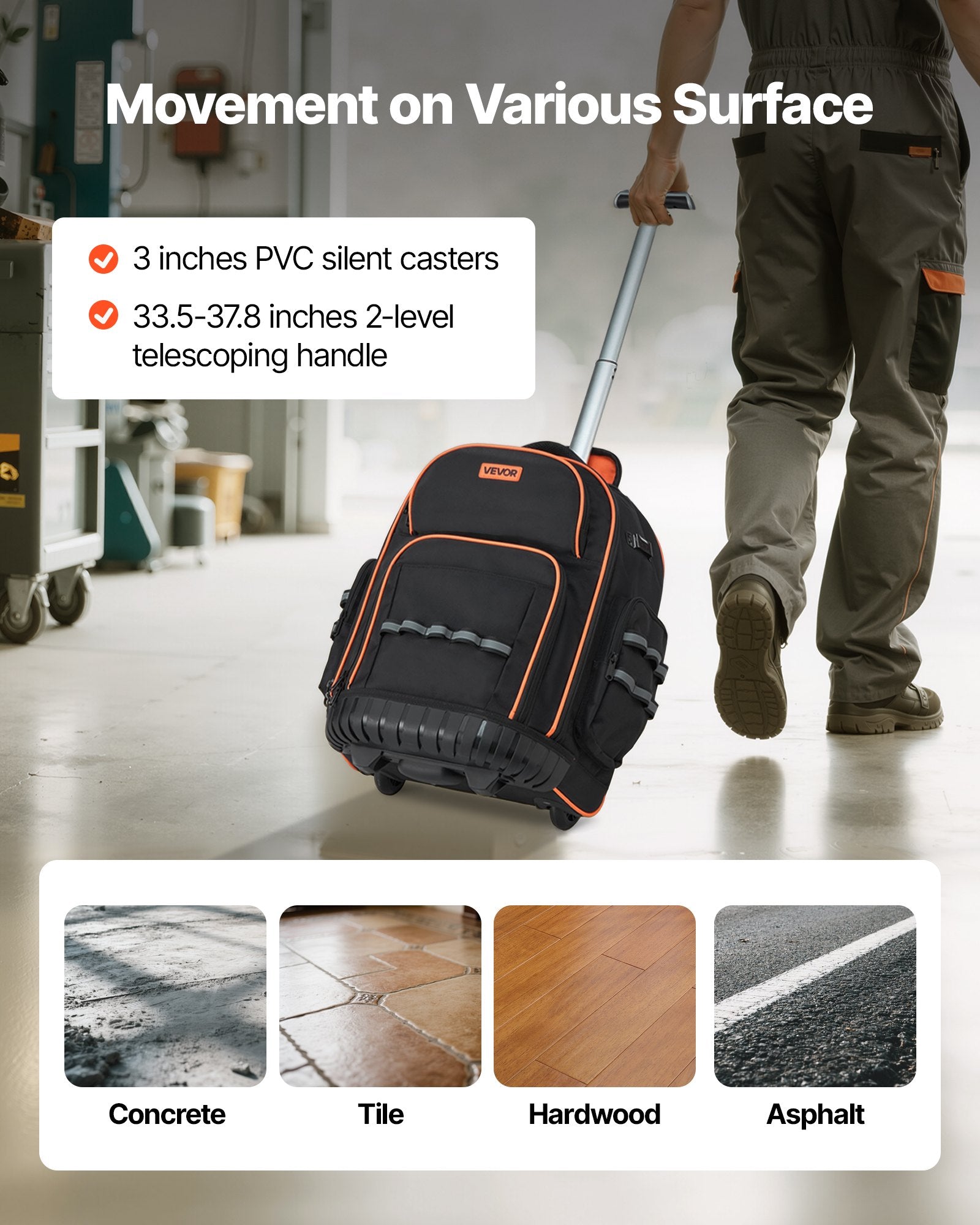 Rolling Tool Backpack, 110 lbs Load Capacity, 45 Pockets Heavy Duty Roller Tool Bag on Wheels, Adjustable V952-GLGJBB14YC168FJ9Q001V0