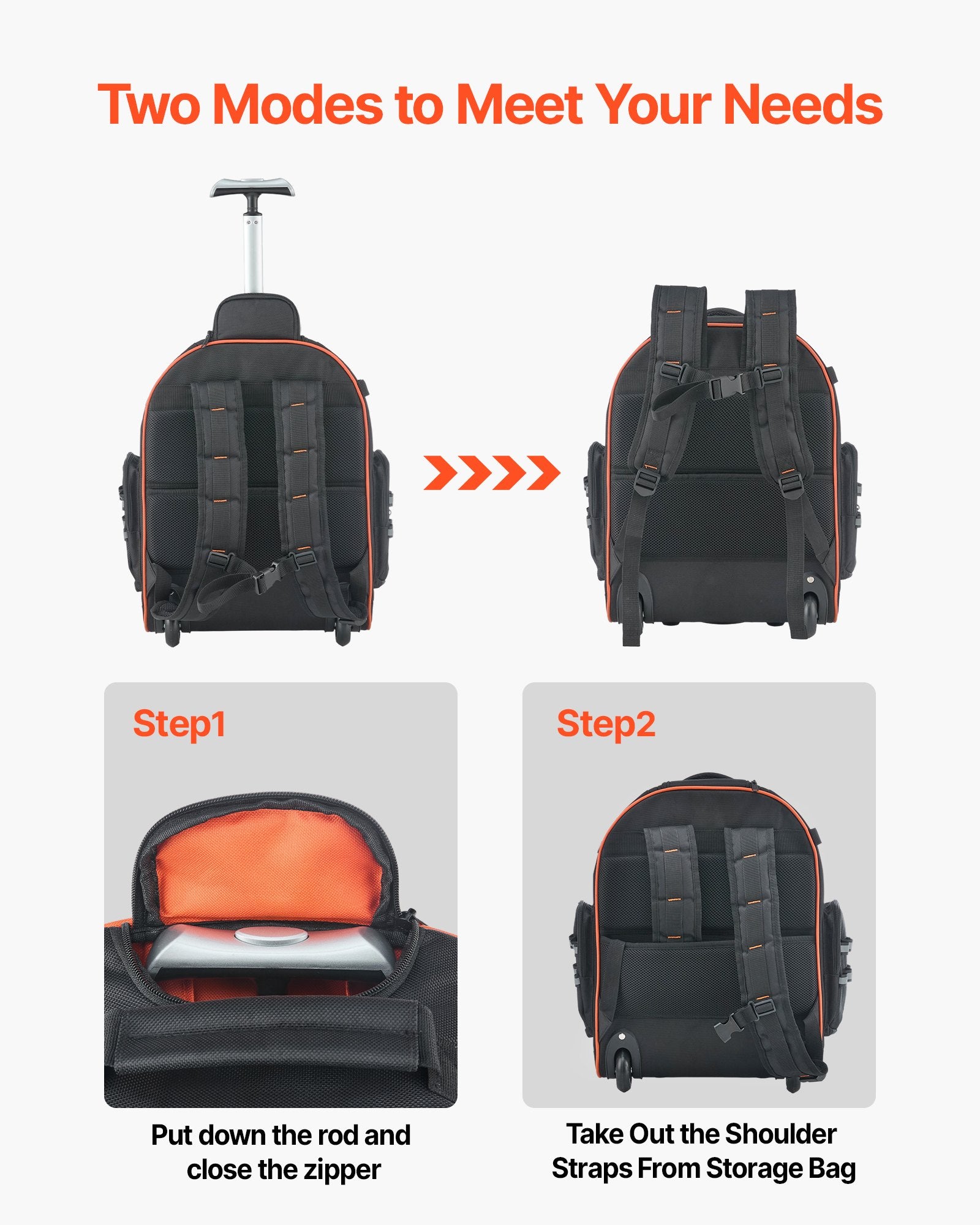 Rolling Tool Backpack, 110 lbs Load Capacity, 45 Pockets Heavy Duty Roller Tool Bag on Wheels, Adjustable V952-GLGJBB14YC168FJ9Q001V0