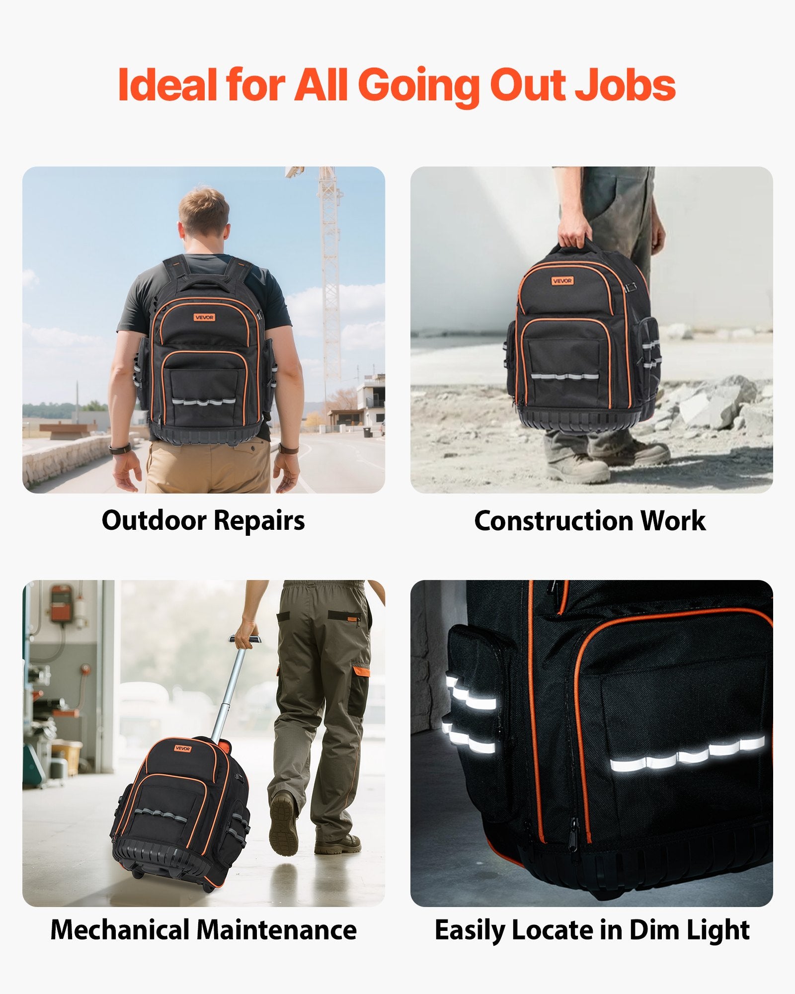 Rolling Tool Backpack, 110 lbs Load Capacity, 45 Pockets Heavy Duty Roller Tool Bag on Wheels, Adjustable V952-GLGJBB14YC168FJ9Q001V0