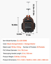 Rolling Tool Backpack, 110 lbs Load Capacity, 45 Pockets Heavy Duty Roller Tool Bag on Wheels, Adjustable V952-GLGJBB14YC168FJ9Q001V0