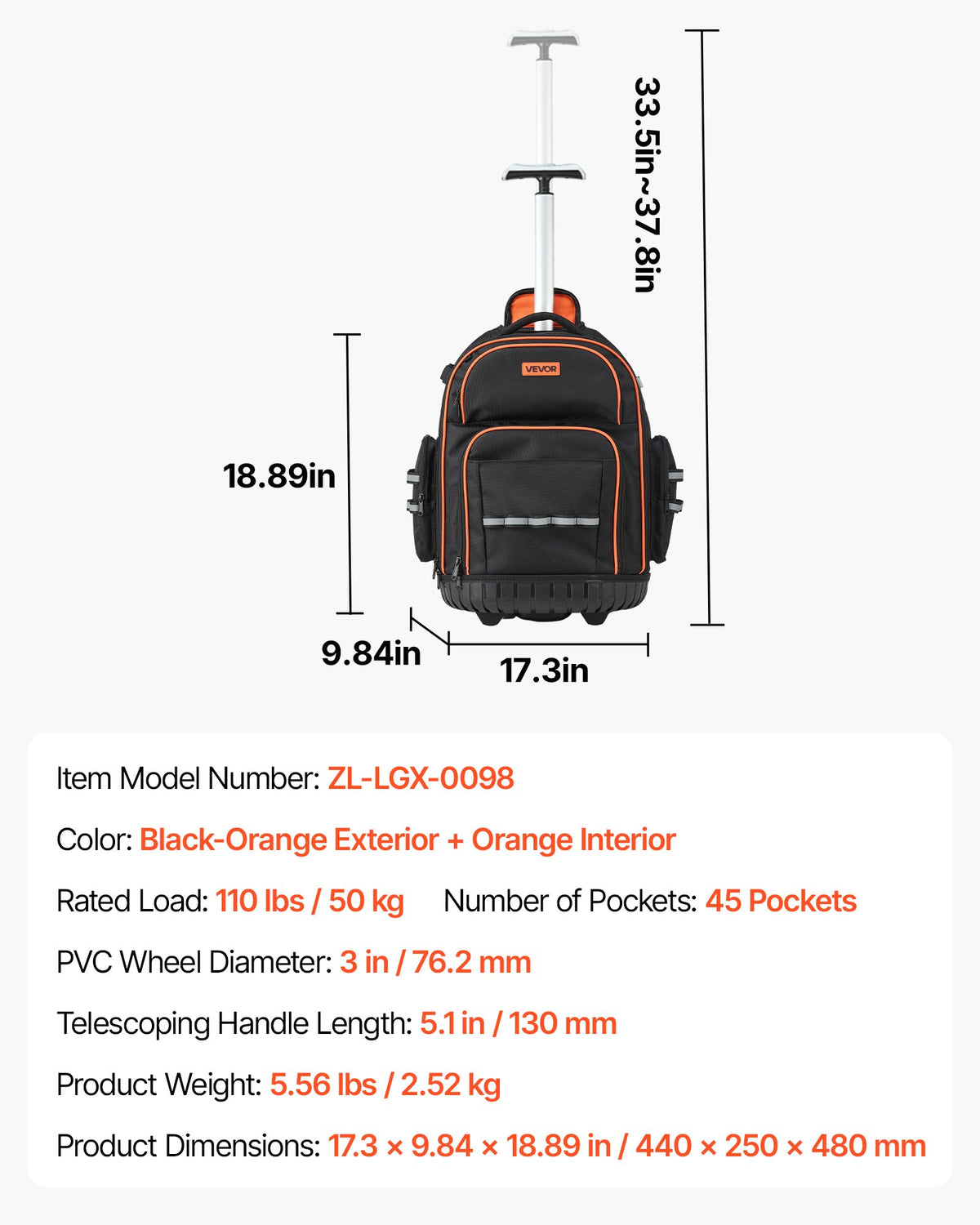 Rolling Tool Backpack, 110 lbs Load Capacity, 45 Pockets Heavy Duty Roller Tool Bag on Wheels, Adjustable V952-GLGJBB14YC168FJ9Q001V0