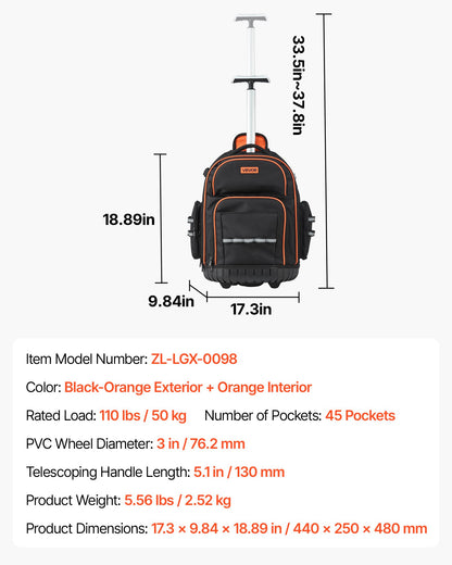 Rolling Tool Backpack, 110 lbs Load Capacity, 45 Pockets Heavy Duty Roller Tool Bag on Wheels, Adjustable V952-GLGJBB14YC168FJ9Q001V0