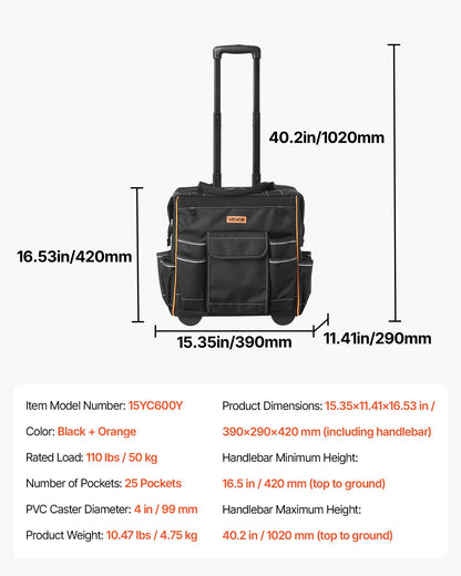 Rolling Tool Bag, 110 lbs Load Capacity, 25 Pockets Heavy Duty Roller Tool Bag on Wheels, Adjustable V952-GLGJD15YC600Y4UPW001V0