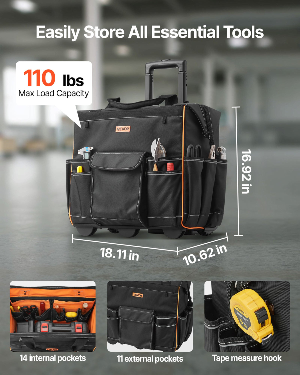 Rolling Tool Bag, 110 lbs Load Capacity, 25 Pockets Heavy Duty Roller Tool Bag with Adjustable Telescoping V952-GLGJD18YC600UPU23001V0