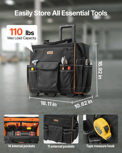 Rolling Tool Bag, 110 lbs Load Capacity, 25 Pockets Heavy Duty Roller Tool Bag with Adjustable Telescoping V952-GLGJD18YC600UPU23001V0