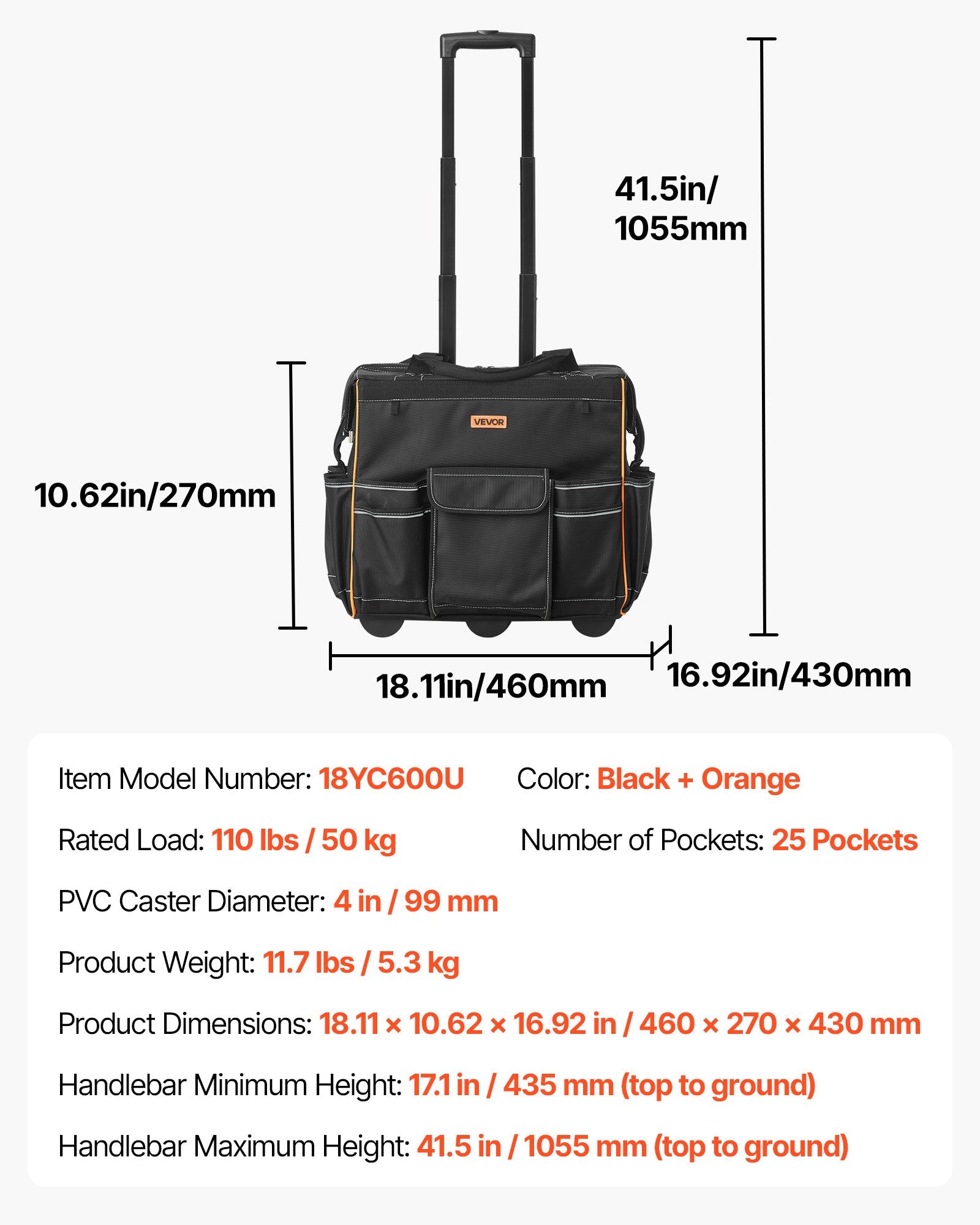 Rolling Tool Bag, 110 lbs Load Capacity, 25 Pockets Heavy Duty Roller Tool Bag with Adjustable Telescoping V952-GLGJD18YC600UPU23001V0