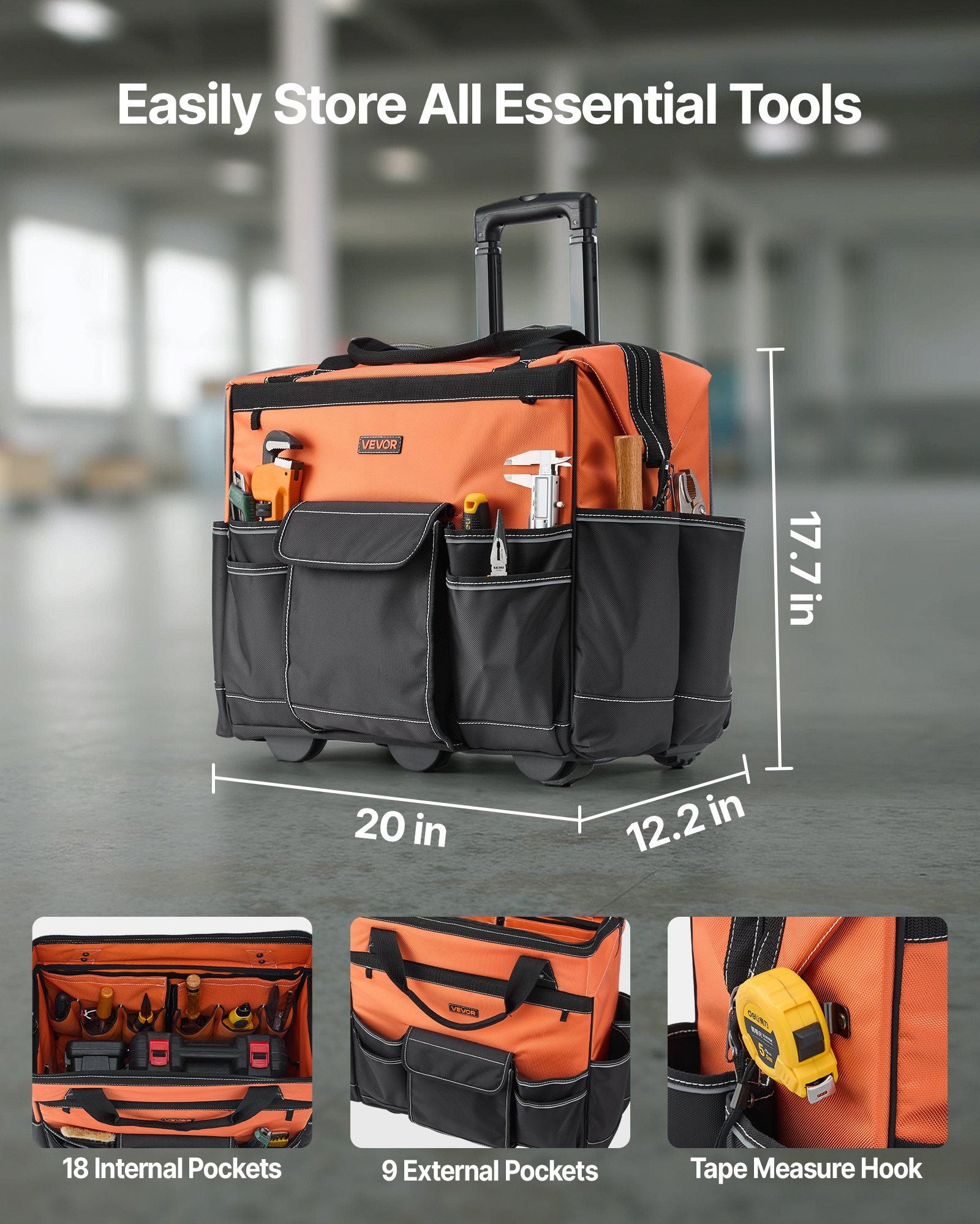Rolling Tool Bag, 110 lbs Load Capacity, 27 Pockets Heavy Duty Roller Tool Bag on Wheels, Adjustable V952-GLGJD20YC16849CWN001V0