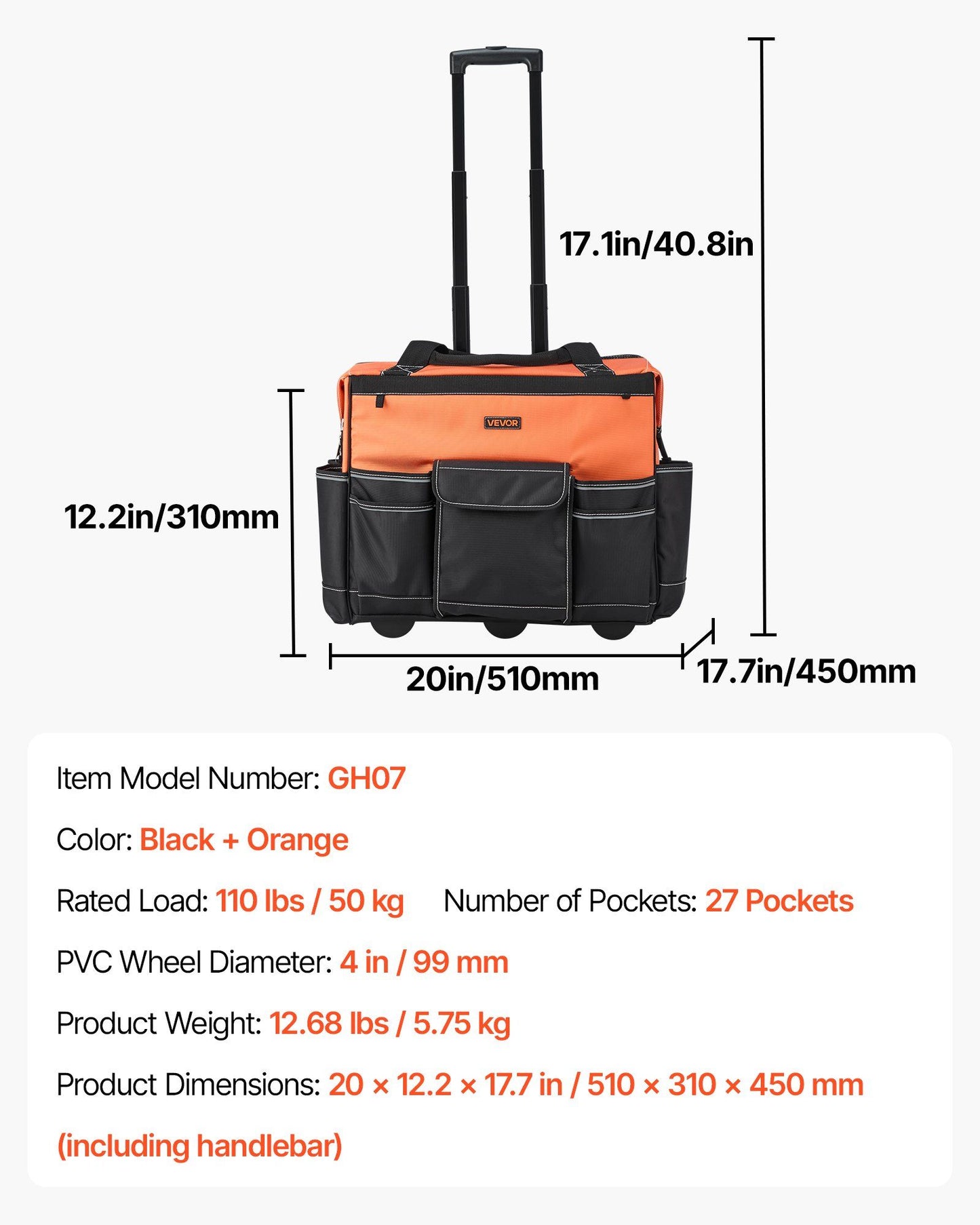Rolling Tool Bag, 110 lbs Load Capacity, 27 Pockets Heavy Duty Roller Tool Bag on Wheels, Adjustable V952-GLGJD20YC16849CWN001V0