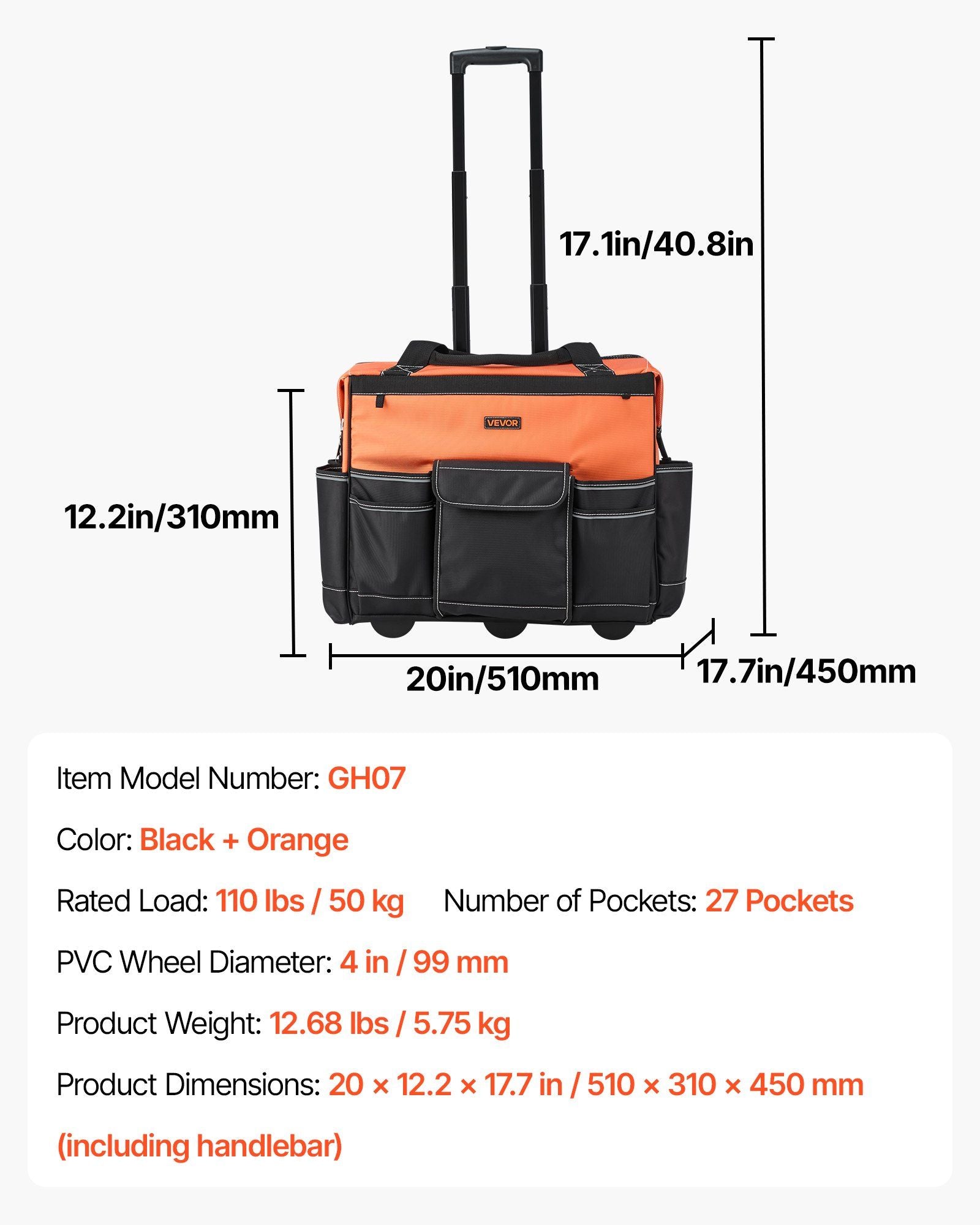 Rolling Tool Bag, 110 lbs Load Capacity, 27 Pockets Heavy Duty Roller Tool Bag on Wheels, Adjustable V952-GLGJD20YC16849CWN001V0