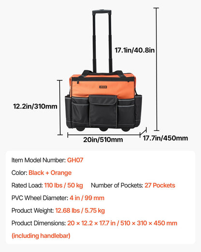 Rolling Tool Bag, 110 lbs Load Capacity, 27 Pockets Heavy Duty Roller Tool Bag on Wheels, Adjustable V952-GLGJD20YC16849CWN001V0