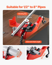 Heavy-Duty Pipe Chain Vise, 1/2" - 8" Pipe Capacity, 34.6" Rugged Chain & Cast Iron Base, Industrial-Grade V952-GLHQ128INCHHNDXLZV0