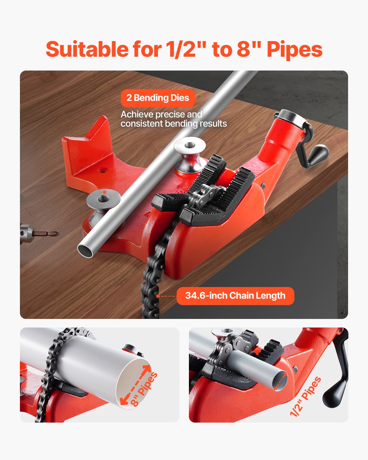 Heavy-Duty Pipe Chain Vise, 1/2" - 8" Pipe Capacity, 34.6" Rugged Chain & Cast Iron Base, Industrial-Grade V952-GLHQ128INCHHNDXLZV0