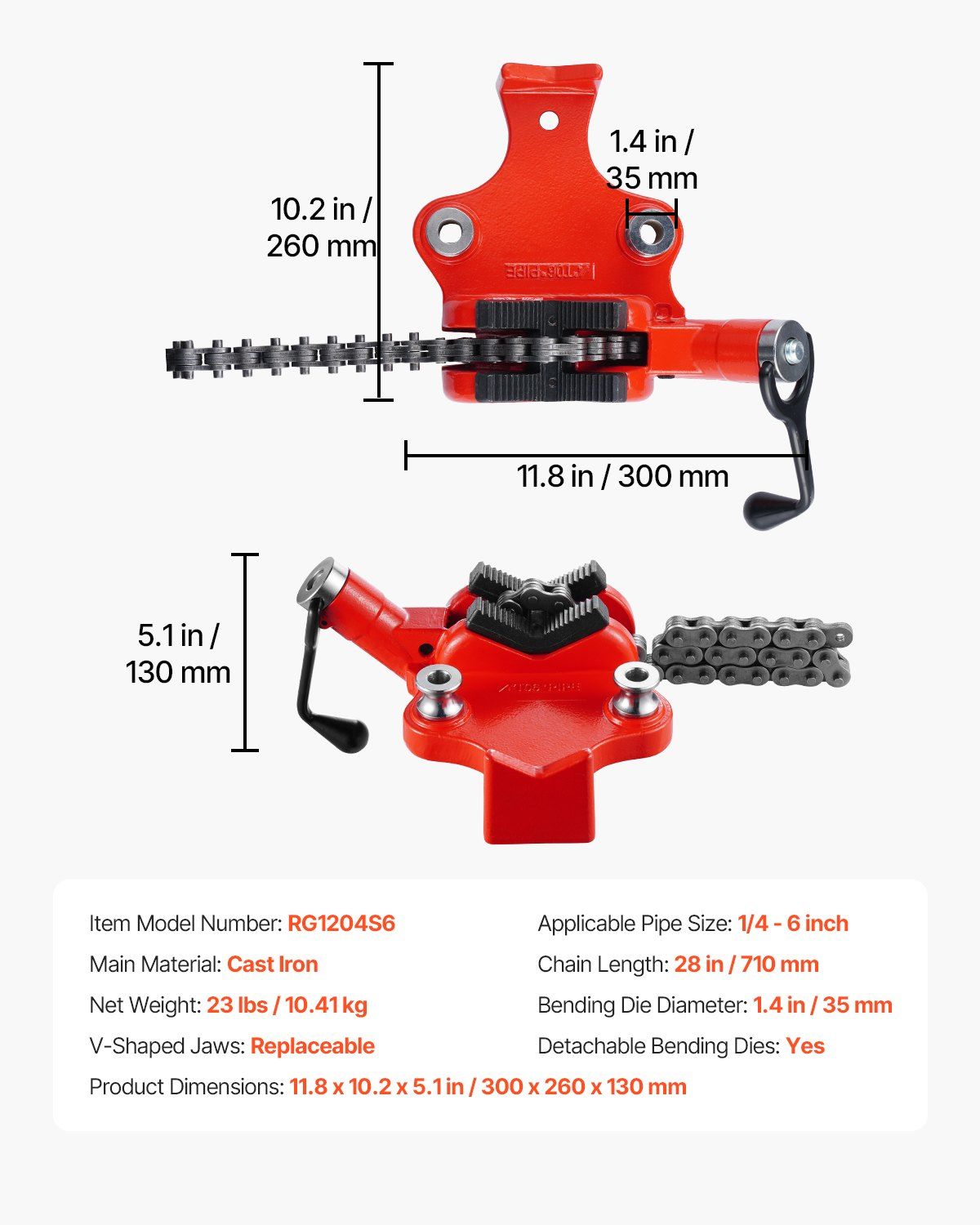 Heavy-Duty Pipe Chain Vise, 1/4" - 6" Pipe Capacity, 28" Rugged Chain & Cast Iron Base, Industrial-Grade Pipe V952-GLHQ146INCHHKQQRCV0