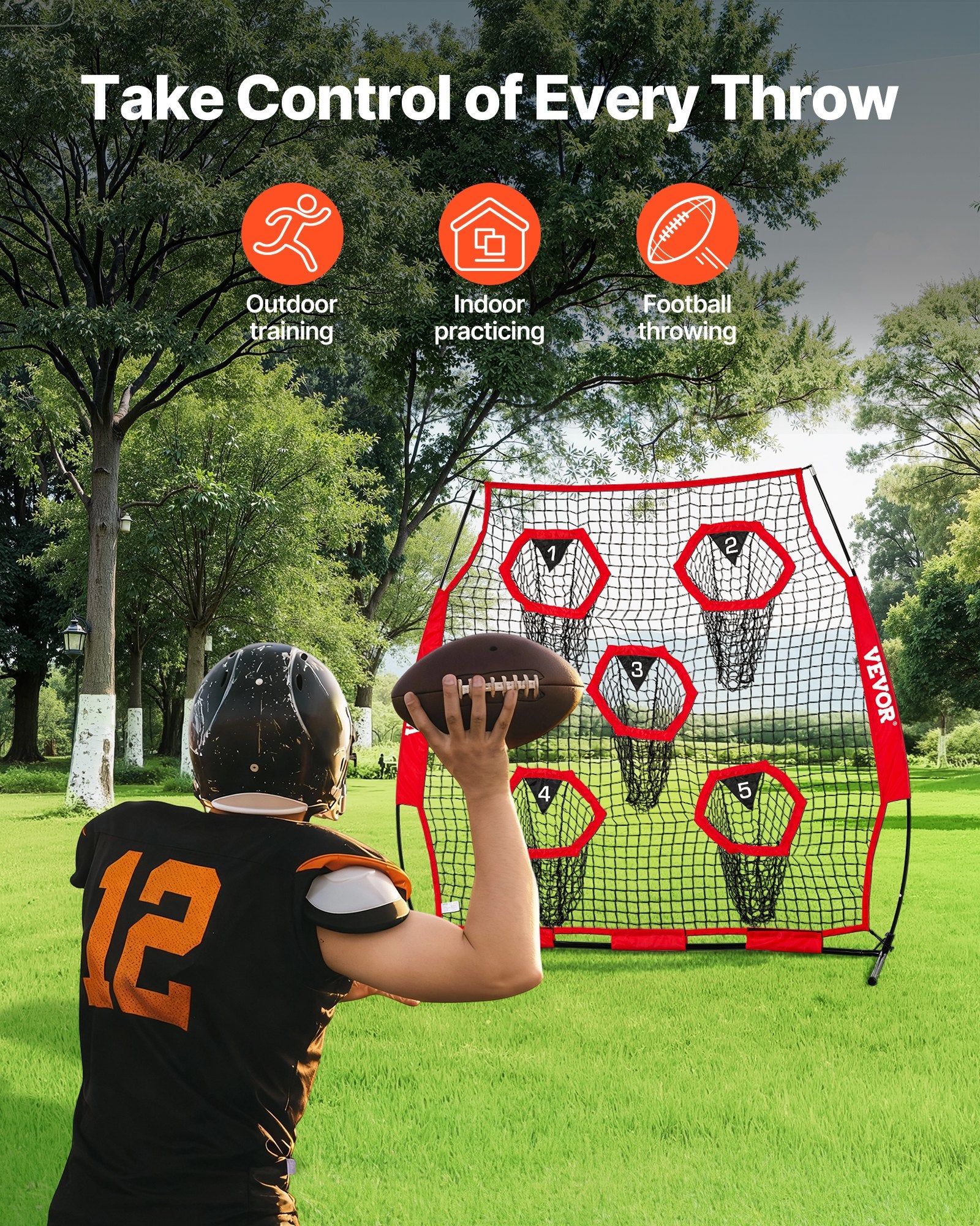 1828.8x1828.8mm Football Trainer Throwing Net, Training Throwing Target Practice Net with 5 Target Pockets, V952-GLQW66YC5KXWU4Z09001V0