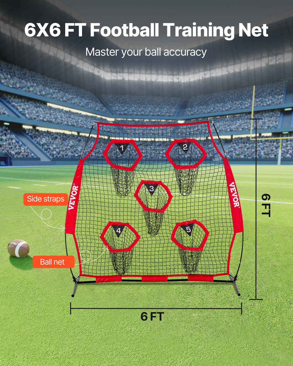 1828.8x1828.8mm Football Trainer Throwing Net, Training Throwing Target Practice Net with 5 Target Pockets, V952-GLQW66YC5KXWU4Z09001V0