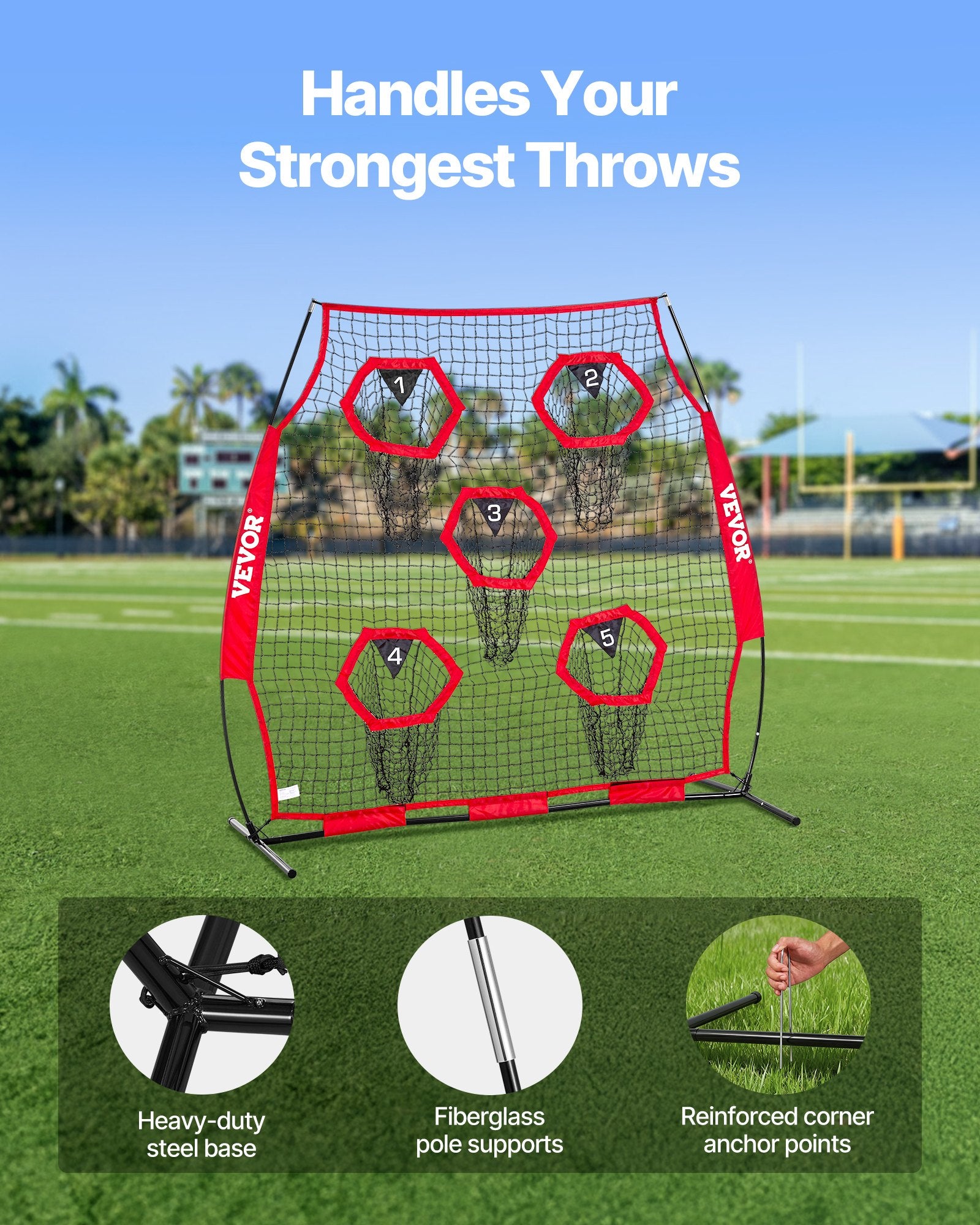 1828.8x1828.8mm Football Trainer Throwing Net, Training Throwing Target Practice Net with 5 Target Pockets, V952-GLQW66YC5KXWU4Z09001V0