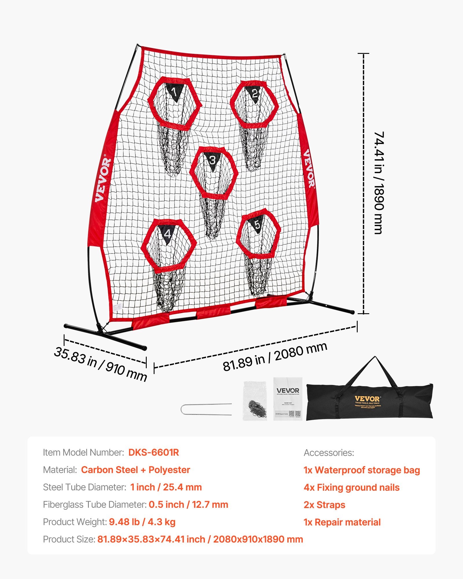 1828.8x1828.8mm Football Trainer Throwing Net, Training Throwing Target Practice Net with 5 Target Pockets, V952-GLQW66YC5KXWU4Z09001V0