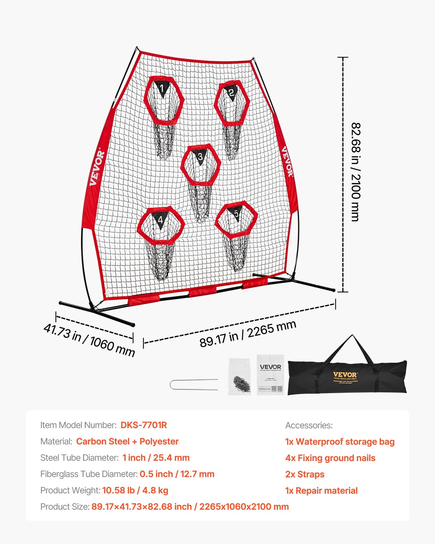 2133.6 x 2133.6mm Football Trainer Throwing Net, Training Throwing Target Practice Net with 5 Target Pockets, V952-GLQW77YC5KXWQ8XVG001V0