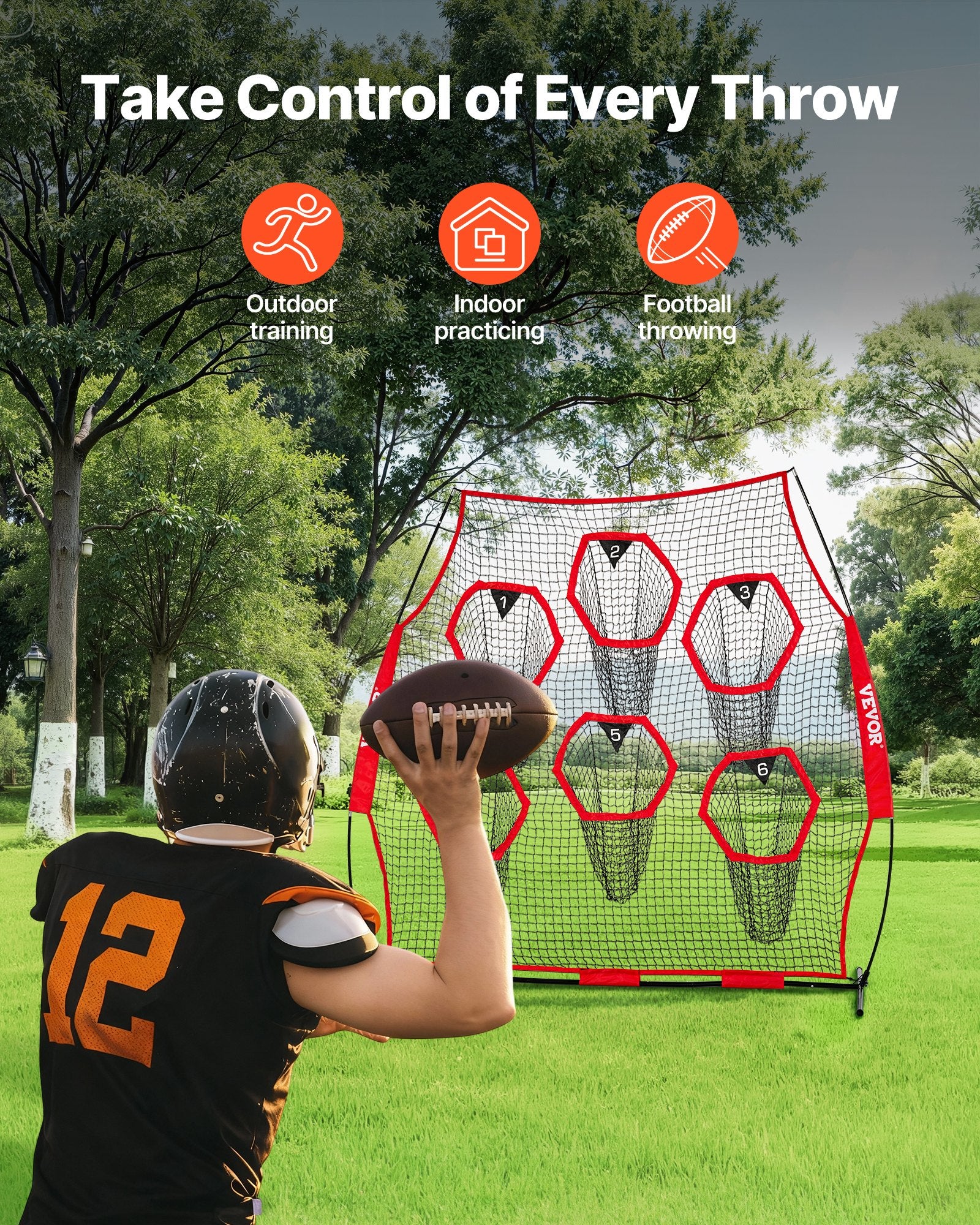 2438.4x2438.4mm Football Trainer Throwing Net, Training Throwing Target Practice Net with 6 Target Pockets, V952-GLQW88YC6KXWLAMWO001V0