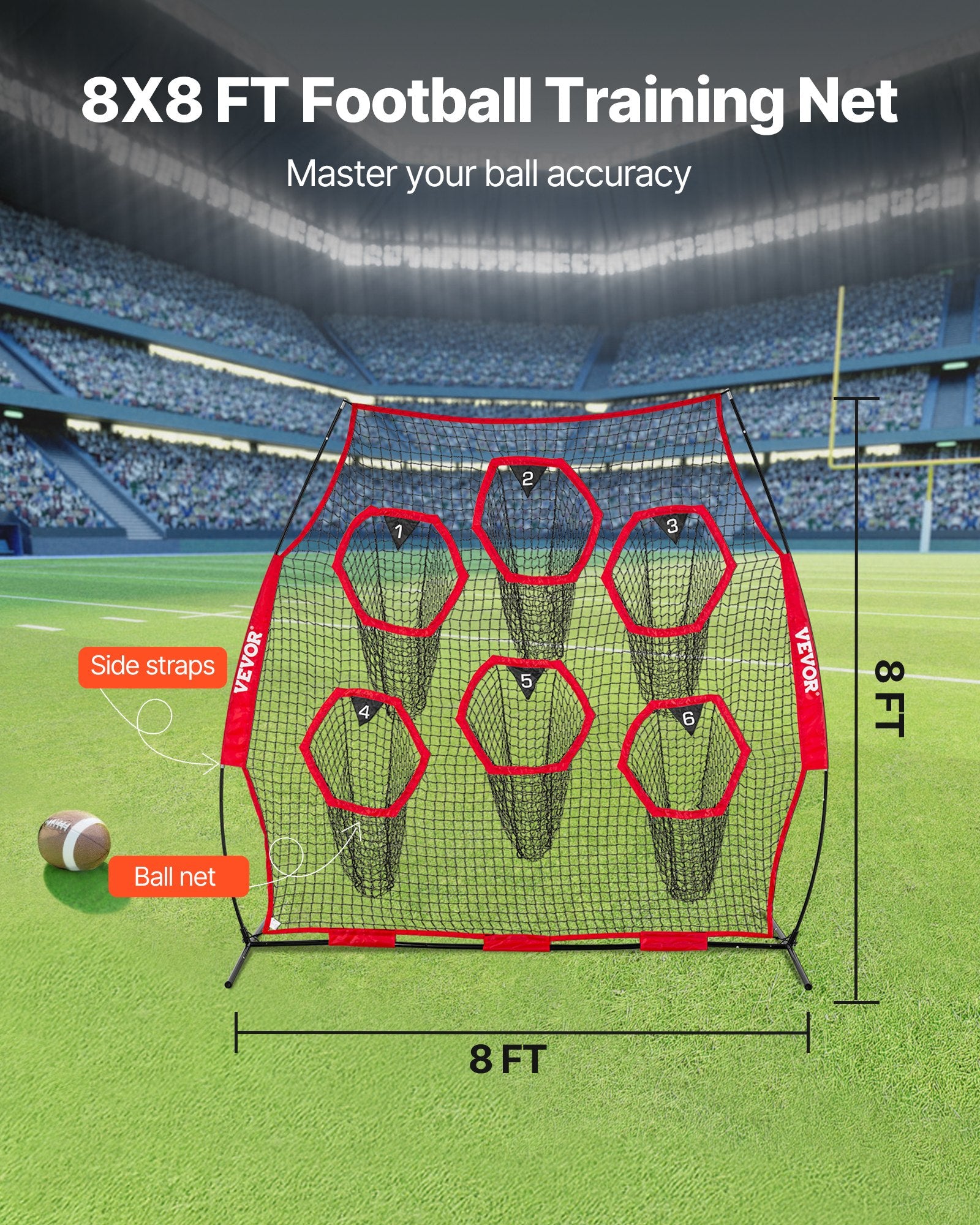 2438.4x2438.4mm Football Trainer Throwing Net, Training Throwing Target Practice Net with 6 Target Pockets, V952-GLQW88YC6KXWLAMWO001V0