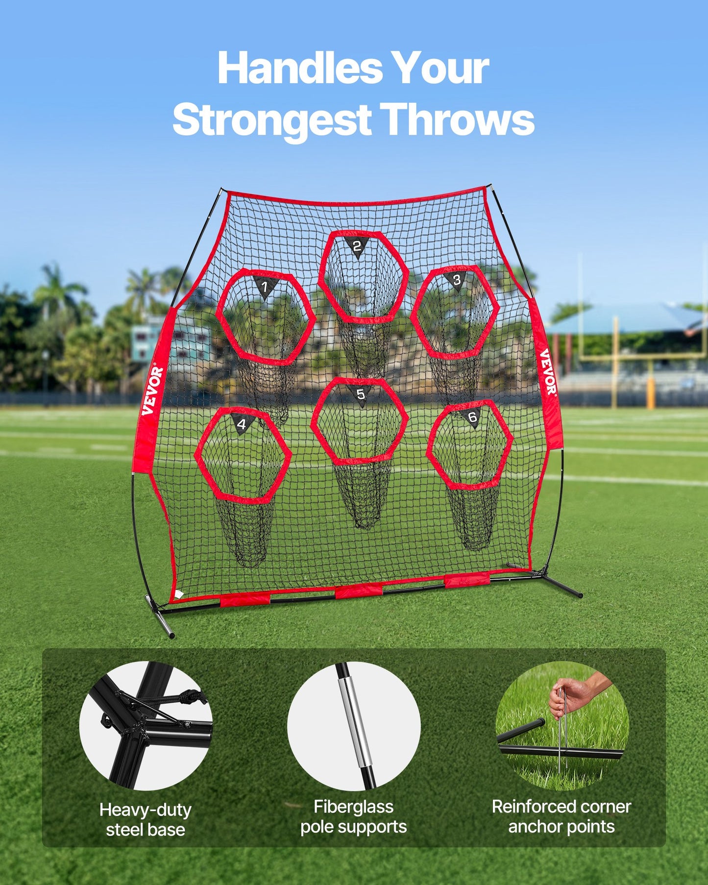 2438.4x2438.4mm Football Trainer Throwing Net, Training Throwing Target Practice Net with 6 Target Pockets, V952-GLQW88YC6KXWLAMWO001V0