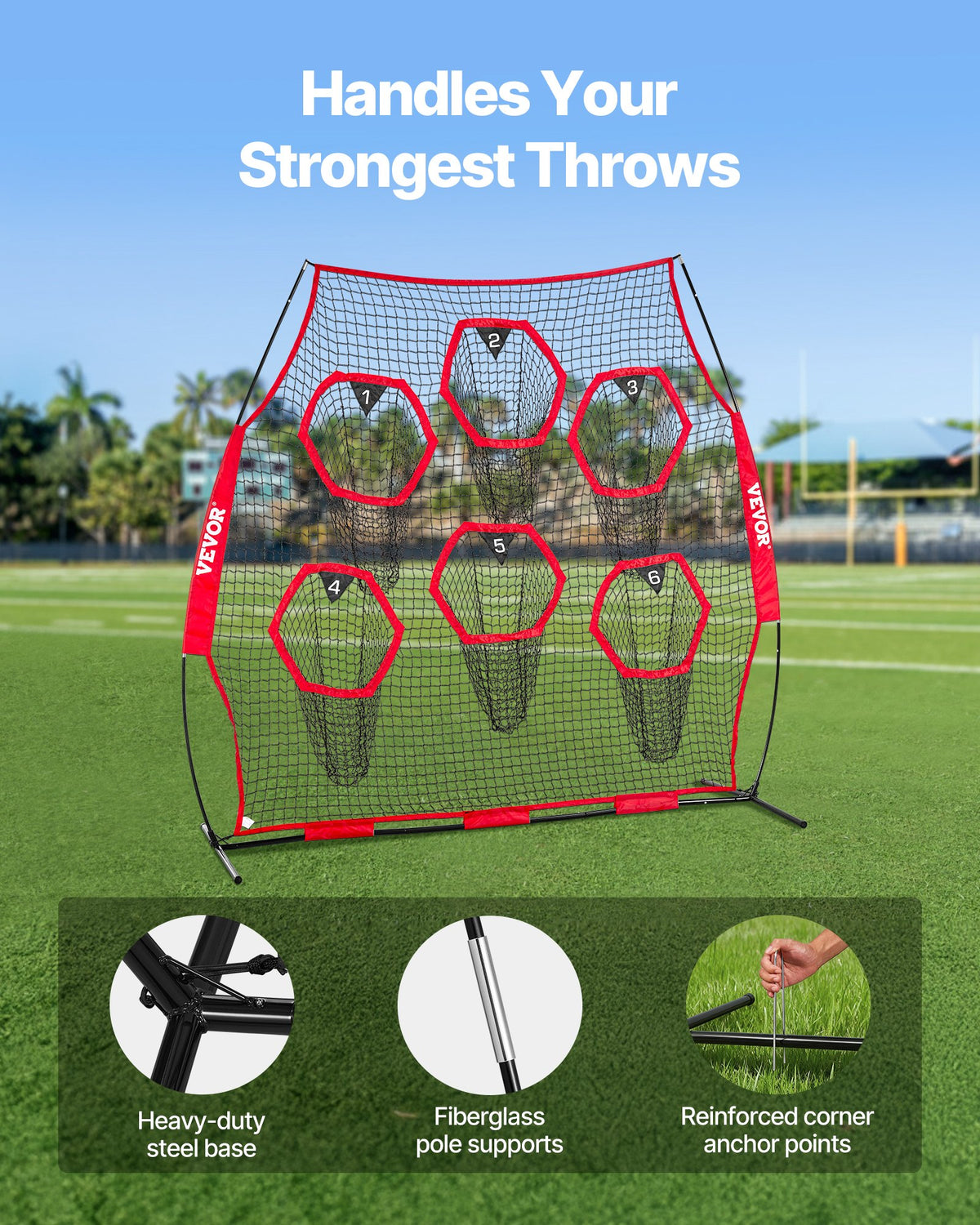 2438.4x2438.4mm Football Trainer Throwing Net, Training Throwing Target Practice Net with 6 Target Pockets, V952-GLQW88YC6KXWLAMWO001V0