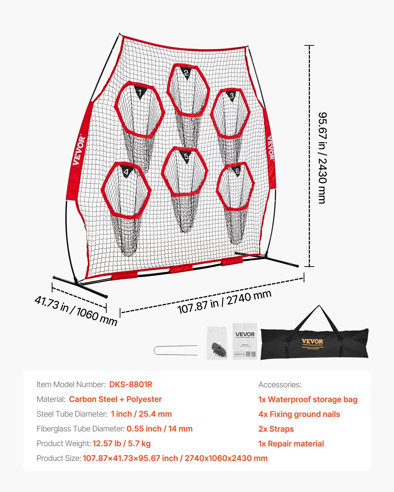 2438.4x2438.4mm Football Trainer Throwing Net, Training Throwing Target Practice Net with 6 Target Pockets, V952-GLQW88YC6KXWLAMWO001V0