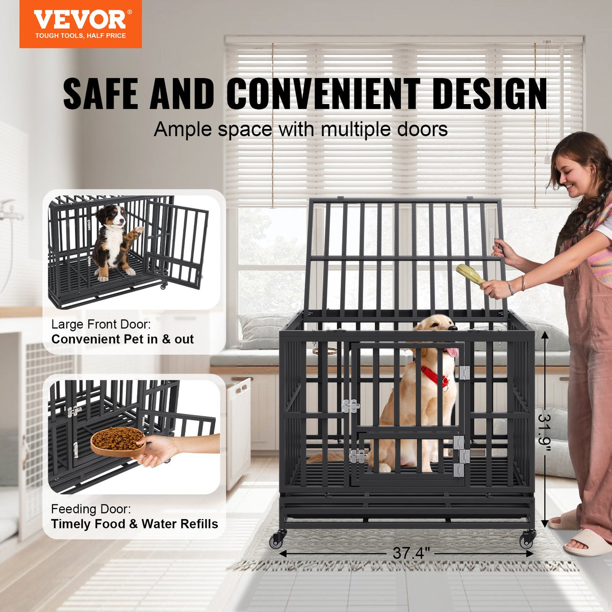 Heavy Duty Dog Crate 38 in Metal Dog Kennel with Wheels and Removable Tray V952-GLSYSDXPF3742TS8BV0