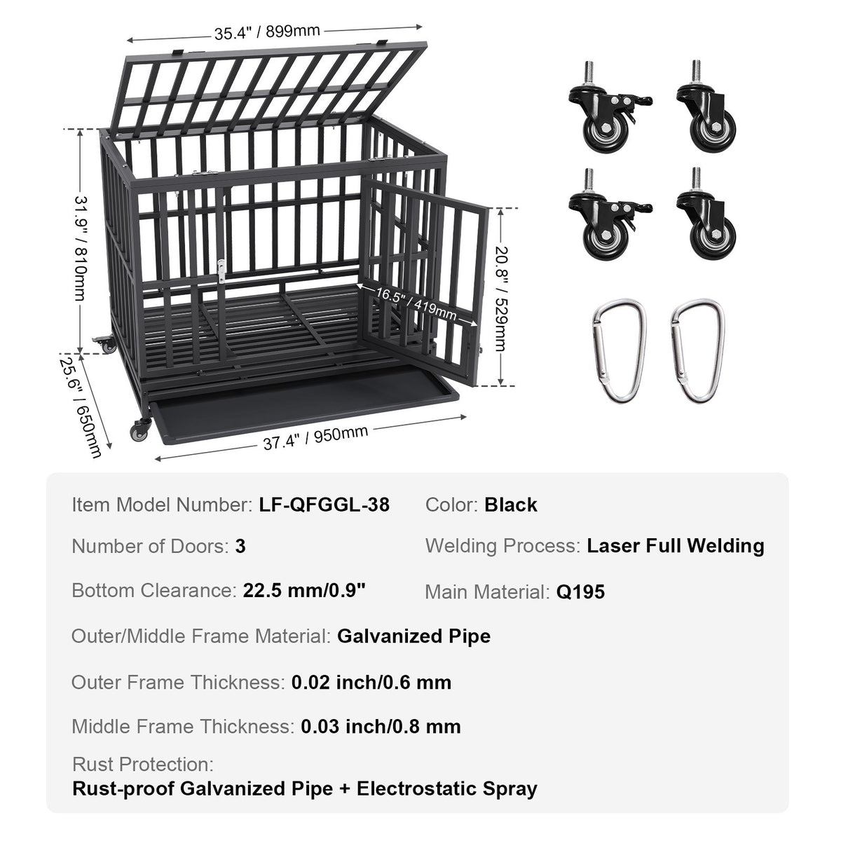 Heavy Duty Dog Crate 38 in Metal Dog Kennel with Wheels and Removable Tray V952-GLSYSDXPF3742TS8BV0