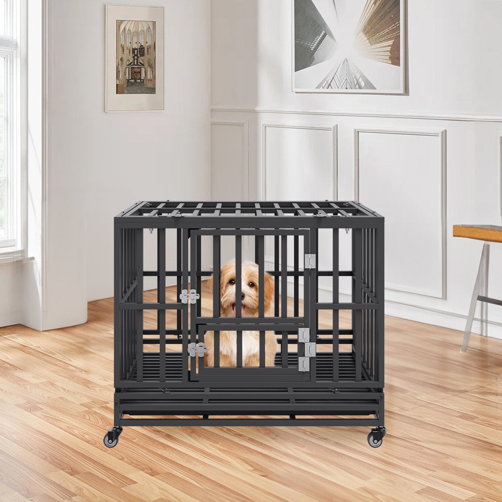 Heavy Duty Dog Crate 38 in Metal Dog Kennel with Wheels and Removable Tray V952-GLSYSDXPF3742TS8BV0