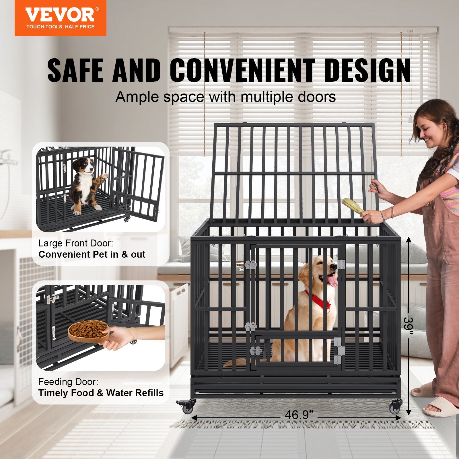 47 Inch Heavy Duty Dog Crate, Indestructible Dog Crate, 3-Door Heavy Duty Dog Kennel for Medium to Large Dogs V952-GLSYSDXPF4695XO1OV0