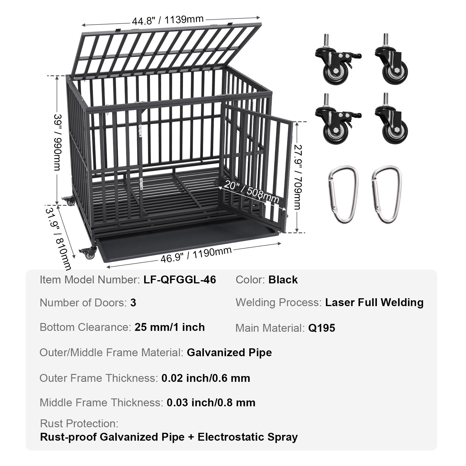 47 Inch Heavy Duty Dog Crate, Indestructible Dog Crate, 3-Door Heavy Duty Dog Kennel for Medium to Large Dogs V952-GLSYSDXPF4695XO1OV0