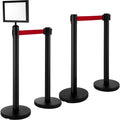 Stanchion Post Barriers 4-Set Line Dividers, Stainless Steel Stanchions with 6.6 Black Retractable Belts, V952-GLZ-CBTZ-HS-4JT01V0