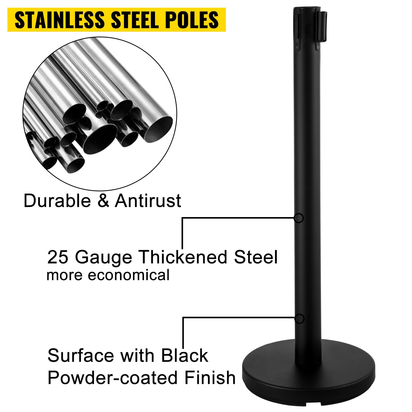 Stanchion Post Barriers 4-Set Line Dividers, Stainless Steel Stanchions with 6.6 Black Retractable Belts, V952-GLZ-CBTZ-HS-4JT01V0