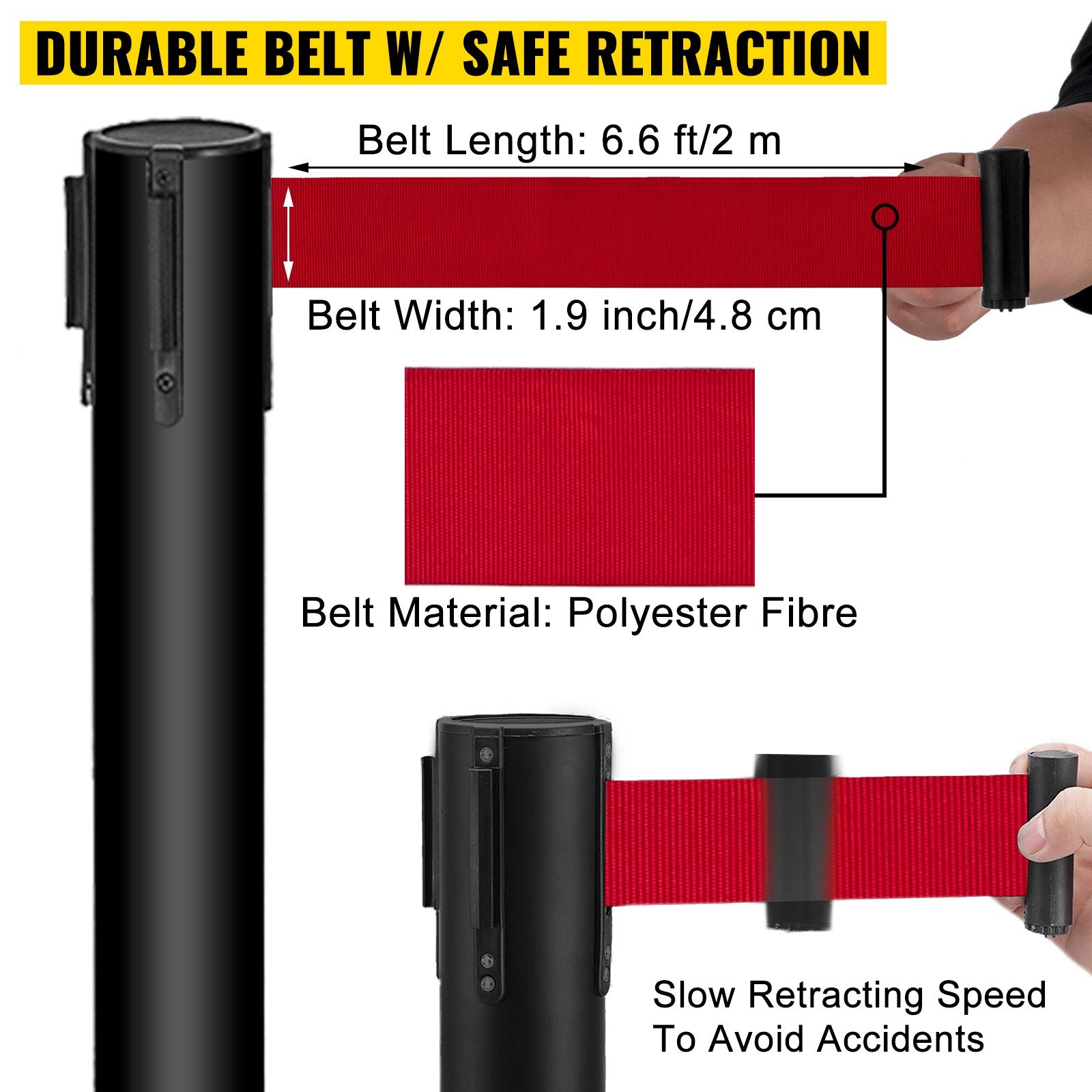 Stanchion Post Barriers 4-Set Line Dividers, Stainless Steel Stanchions with 6.6 Black Retractable Belts, V952-GLZ-CBTZ-HS-4JT01V0